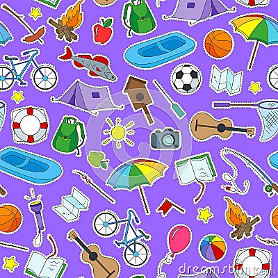 Seamless illustration on the theme of summer camp and vacation icons patches on purple background Vector Illustration