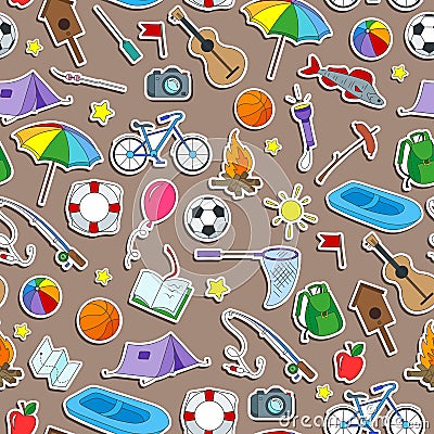 Seamless illustration on the theme of summer camp and vacations, icons stickers on brown background Vector Illustration