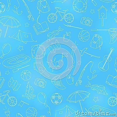 Seamless illustration on the theme of summer camp and vacations, simple contour icons, white contour on a blue background Vector Illustration