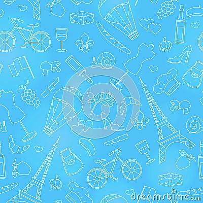 Seamless illustration on the theme of travel in the country of France, simple contour icons , light outline on a blue background Vector Illustration