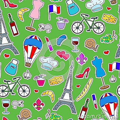 Seamless illustration on the theme of travel in the country of France, simple icons patches, the coloured symbols on a green backg Vector Illustration