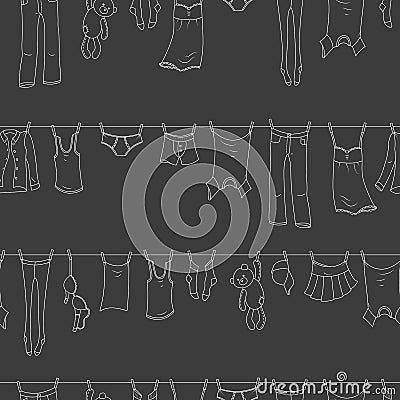 Seamless illustration on the theme of washing and cleanliness, various clothes , a light contour icons on dark background Vector Illustration