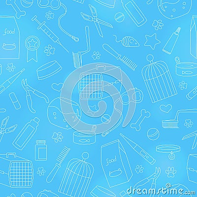 Seamless illustration on the topic of pet care, pet shop, simple contour icons, on a blue background is drawn with a light marker Vector Illustration