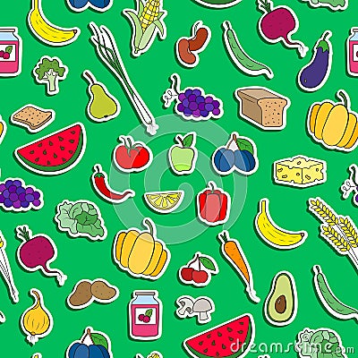 Seamless illustration on the topic of vegetarianism, simple icons, food signs stickers on a green background Vector Illustration