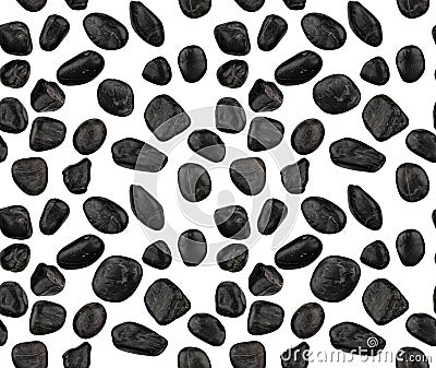 Seamless image of photographed black polished pebbles on white background. Stock Photo