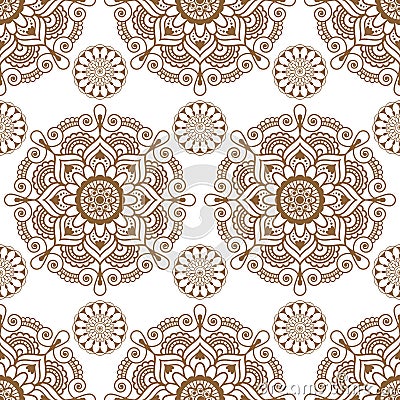 Seamless Indian background with mehndi brown floral henna lace buta decoration items on white background Stock Photo