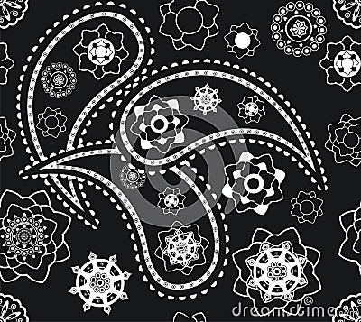 Seamless indian black-and-white paisley pattern Vector Illustration