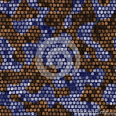 Seamless indigo dyed bandana texture. Blue orange stain woven cotton effect background. Repeat Indonesian batik Stock Photo