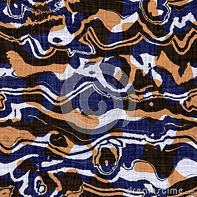 Seamless indigo dyed bandana texture. Blue orange stain woven cotton effect background. Repeat Indonesian batik Stock Photo