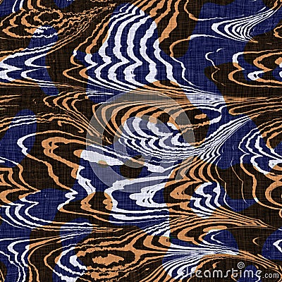 Seamless indigo dyed bandana texture. Blue orange stain woven cotton effect background. Repeat Indonesian batik Stock Photo