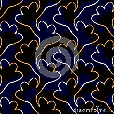 Seamless indigo dyed bandana texture. Blue orange stain woven cotton effect background. Repeat Indonesian batik resist Stock Photo