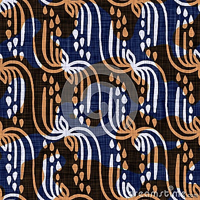 Seamless indigo dyed bandana texture. Blue orange stain woven cotton effect background. Repeat Indonesian batik resist Stock Photo