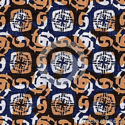 Seamless indigo dyed bandana texture. Blue orange stain woven cotton effect background. Repeat Indonesian batik resist Stock Photo