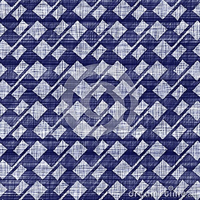 Seamless indigo geometric texture. Navy blue woven geo shape cotton dyed effect background. Japanese repeat batik resist Stock Photo