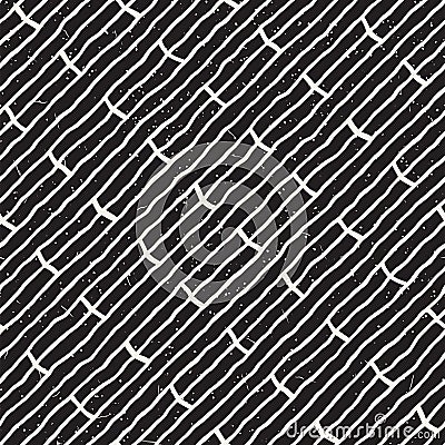 Seamless ink stripes geometric vector pattern. Monochrome black and white slanted brush strokes background. Hand draw Vector Illustration