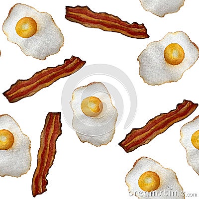 Seamless isolated watercolor american breakfast set fried eggs and bacon pattern on white background Cartoon Illustration