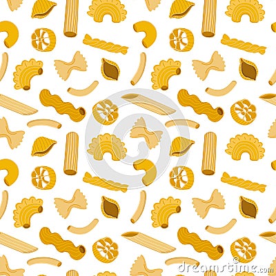 Seamless italian pasta pattern. Different types dried noodles, traditional cuisine production, organic vegetarian foods Vector Illustration
