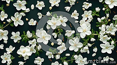 Seamless jasmin flowers pattern on dark green background. Flat lay, top view Stock Photo