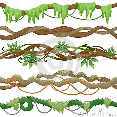 Seamless jungle vine on branch. Wild tropical tree with liana, leaves and moss. Green creeper plant stem. Cartoon rainforest Vector Illustration