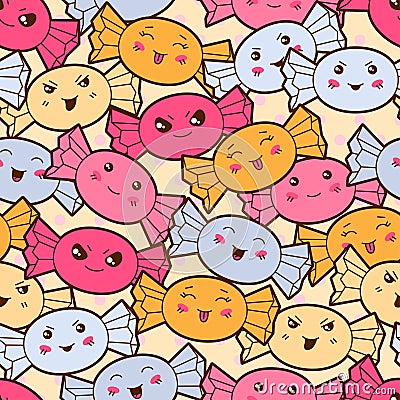 Seamless kawaii cartoon pattern with cute candies Vector Illustration