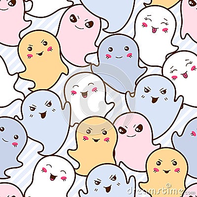 Seamless kawaii cartoon pattern with cute ghosts Vector Illustration