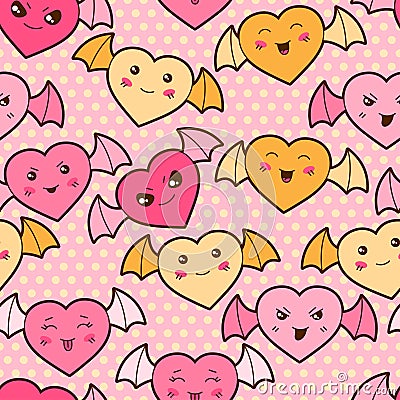 Seamless kawaii cartoon pattern with cute hearts Vector Illustration