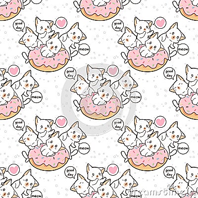 Seamless kawaii cat character with pink doughnut pattern Vector Illustration