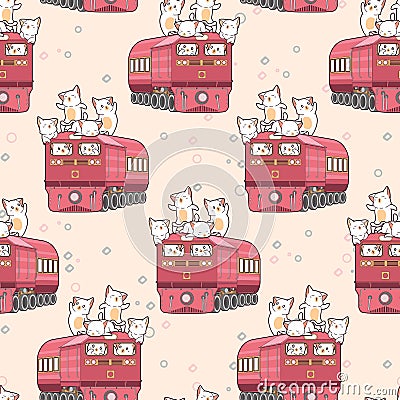 Seamless kawaii cat on the train pattern Vector Illustration