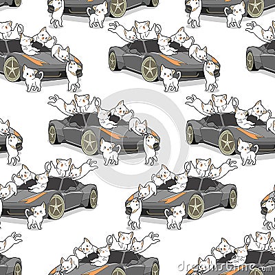 Seamless kawaii cats and auto car pattern Vector Illustration