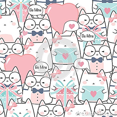 Seamless Kawaii Cute Cats Fallinâ€™ in Love, Cartoon Animals Pattern Vector Illustration
