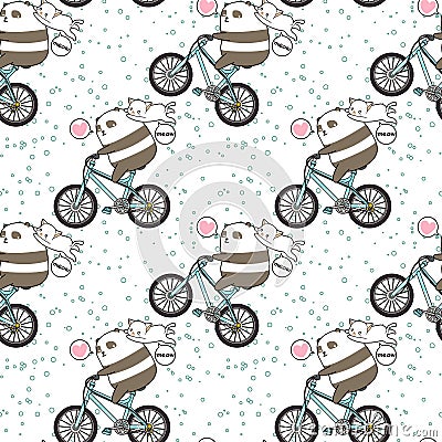 Seamless kawaii panda is riding a bicycle with a cat pattern Vector Illustration