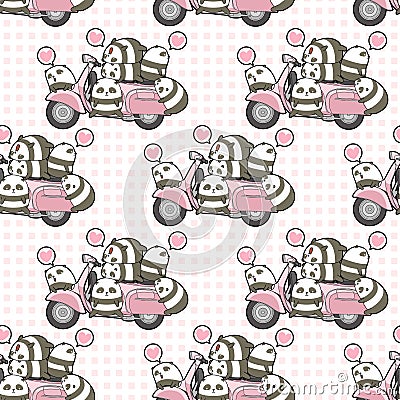 Seamless kawaii pandas and pink motorcycle pattern Vector Illustration