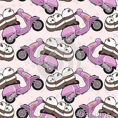 Seamless kawaii 3 pandas is riding motorcycle pattern Vector Illustration