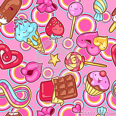 Seamless kawaii pattern with sweets and candies. Crazy sweet-stuff in cartoon style Vector Illustration