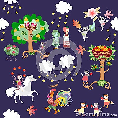 Seamless kid pattern with cute cartoon animals and plants - horse, monkey, rooster, raccoons, cats, foxes, strawberry, cucumber Vector Illustration