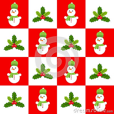 Snowman and mistletoe seamless background. Vector Illustration