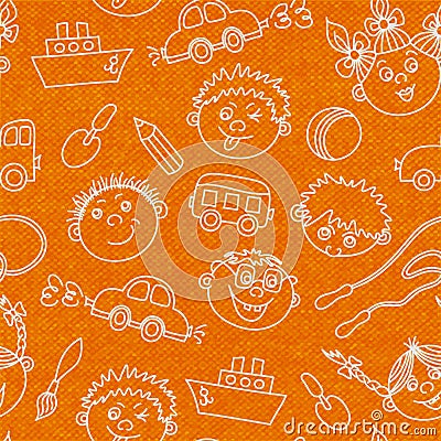 Seamless kids faces and toys pattern background Vector Illustration