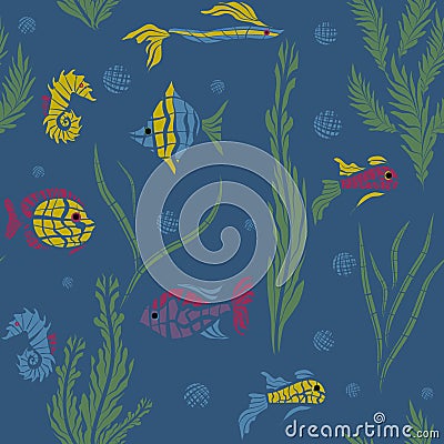 Seamless kids ocean fish illustration mosaic background pattern Vector Illustration