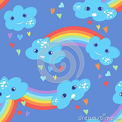 Seamless kids pattern with clouds and rainbow. Vector Illustration