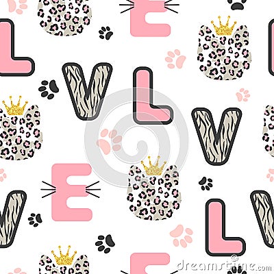 Seamless kids pattern with cute leopard cat and letters Vector Illustration