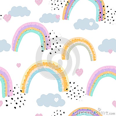 Seamless kids pattern with doodle pastel rainbows, hearts, dots and clouds Stock Photo