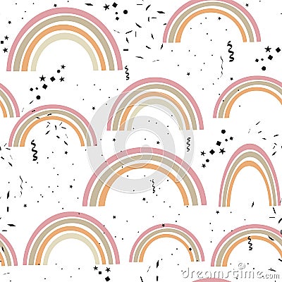 Seamless kids pattern with doodle pastel rainbows, hearts, dots Stock Photo