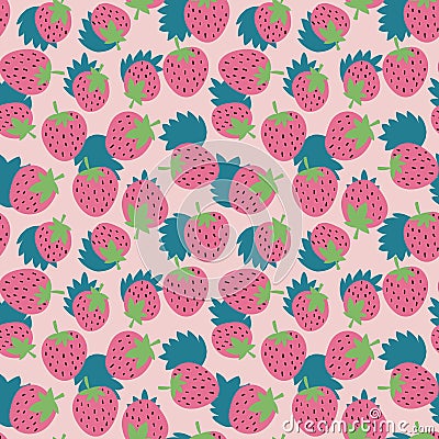 Seamless kids style summer pattern with hand drawn pink strawberries turquoise leaves on pastel background. Fabric textile Vector Illustration