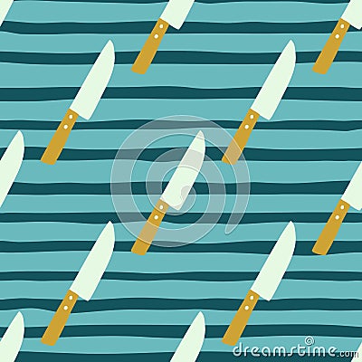 Seamless kitchen pattern with knife silhouettes. Blue stripped background. Dishware hand drawn backdrop Cartoon Illustration