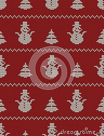 Seamless knitted pattern with Christmas trees and snowmen on a red background Vector Illustration