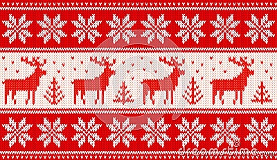 Seamless knitting pattern with deers and nordic stars Vector Illustration