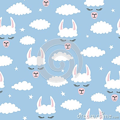 Seamless lama pattern. Vector blue background with alpaca and clouds Vector Illustration