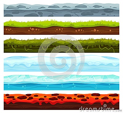 Seamless land layers. Dirt ground landscape game asset, ice with snow caps and lava floor. Cartoon surface vector assets Vector Illustration