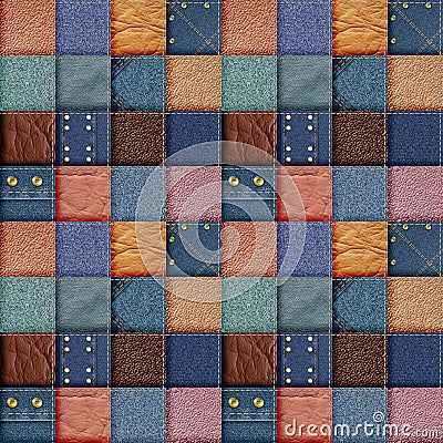 seamless leather and jeans patchwork background Cartoon Illustration