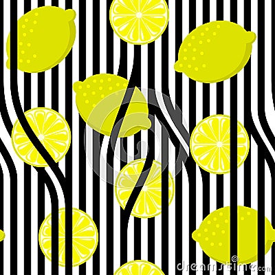 Seamless lemon on black and white stripes. Vintage fruits background Vector Illustration